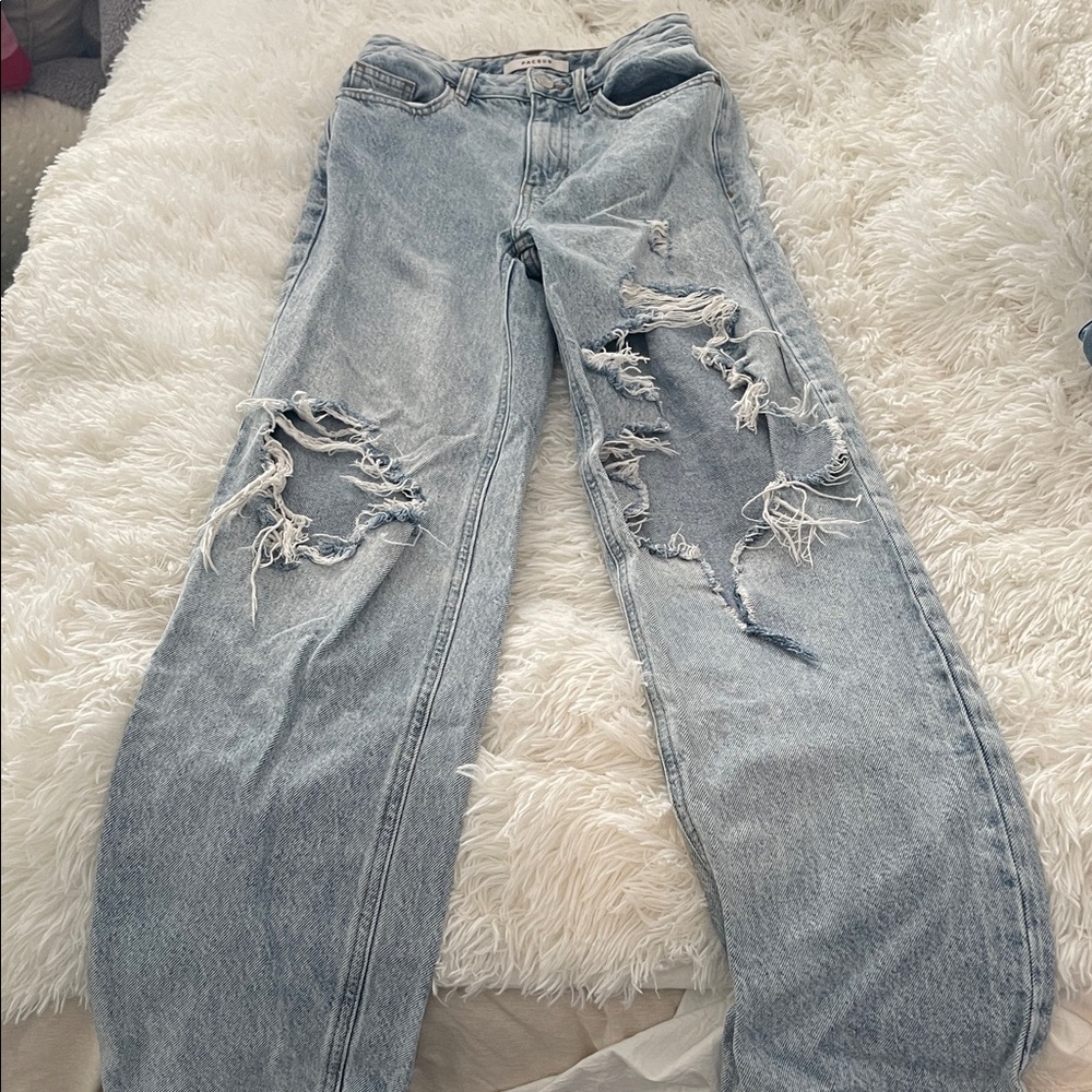 Pacsun distressed blue jeans. Wide straight leg with intentional big knee holes